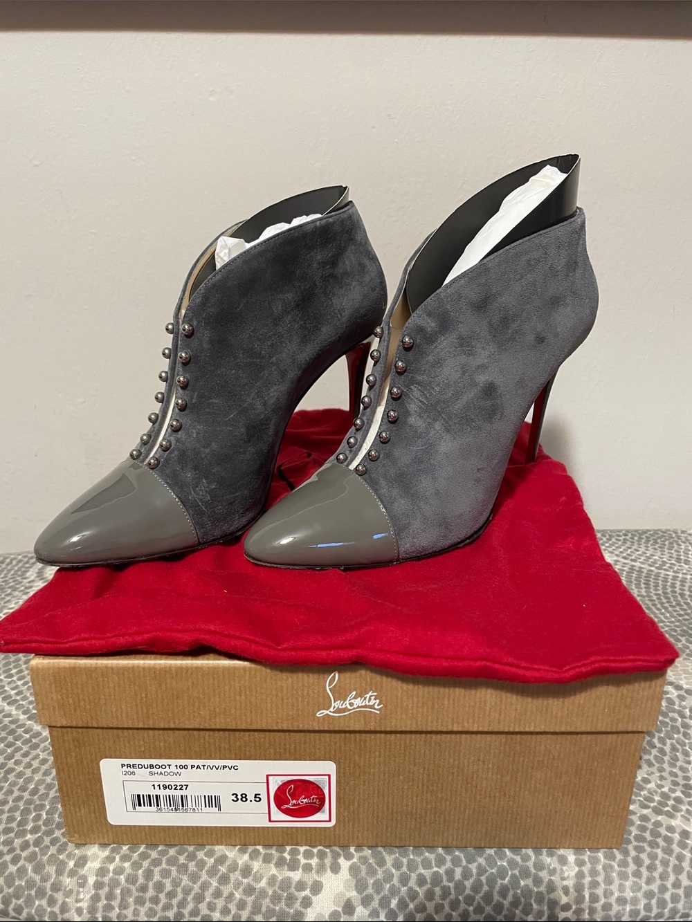 Christian Louboutin Grey Suede & Patent Toe Ankle Boots with Red Heel. Size 38.5